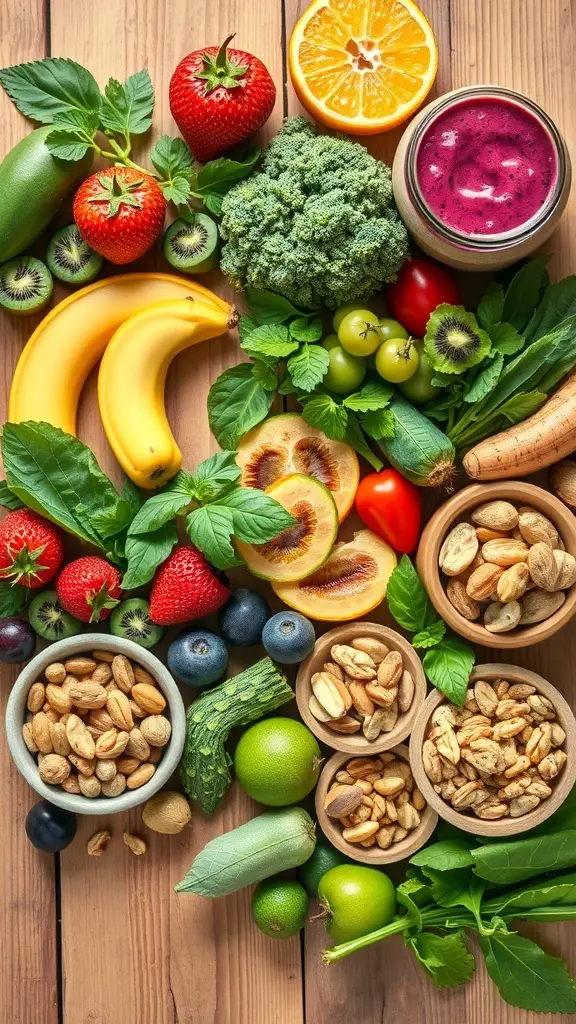 A variety of fresh fruits, vegetables, nuts, and a smoothie in a jar arranged on a wooden surface.