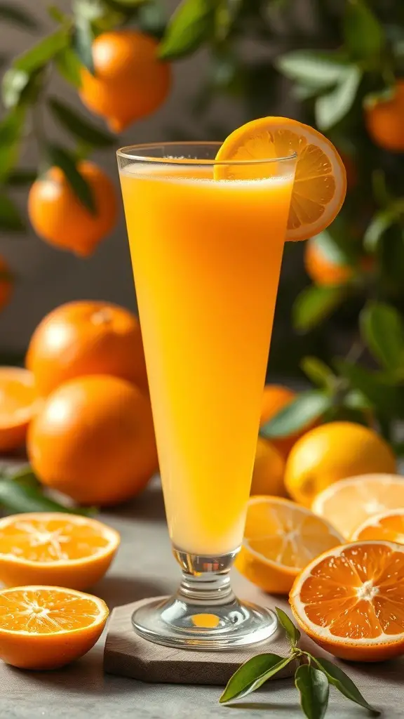 A tall glass of Citrus Sunrise Juice with fresh oranges and lemon slices around it.