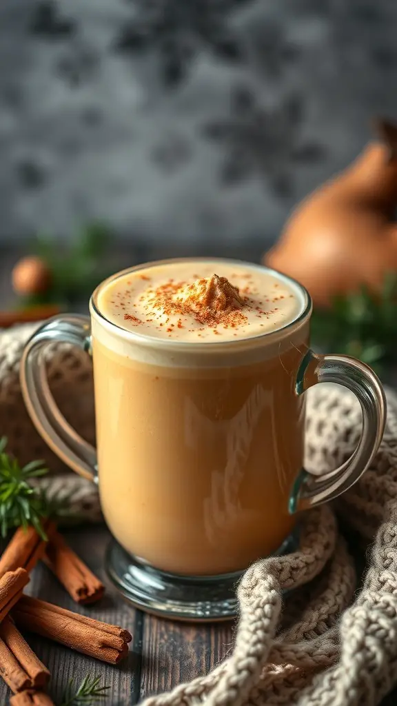 A cozy sweet potato and cinnamon smoothie in a glass mug, topped with whipped cream and cinnamon, surrounded by cinnamon sticks and a knitted scarf.