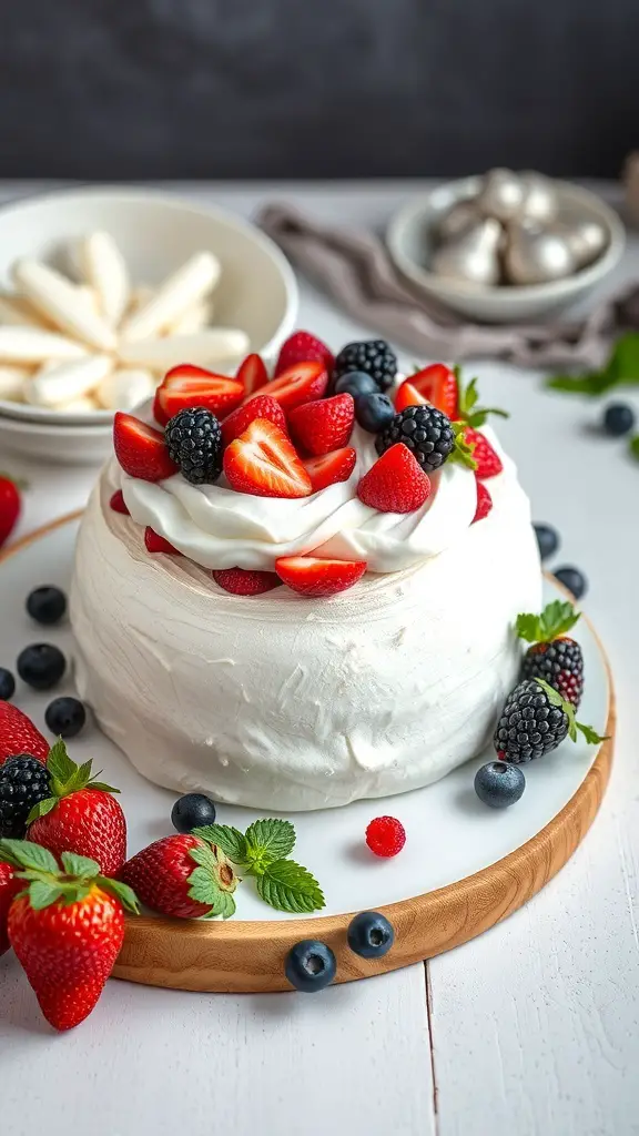 A beautiful pavlova topped with strawberries, blueberries, and blackberries, surrounded by fresh fruits.