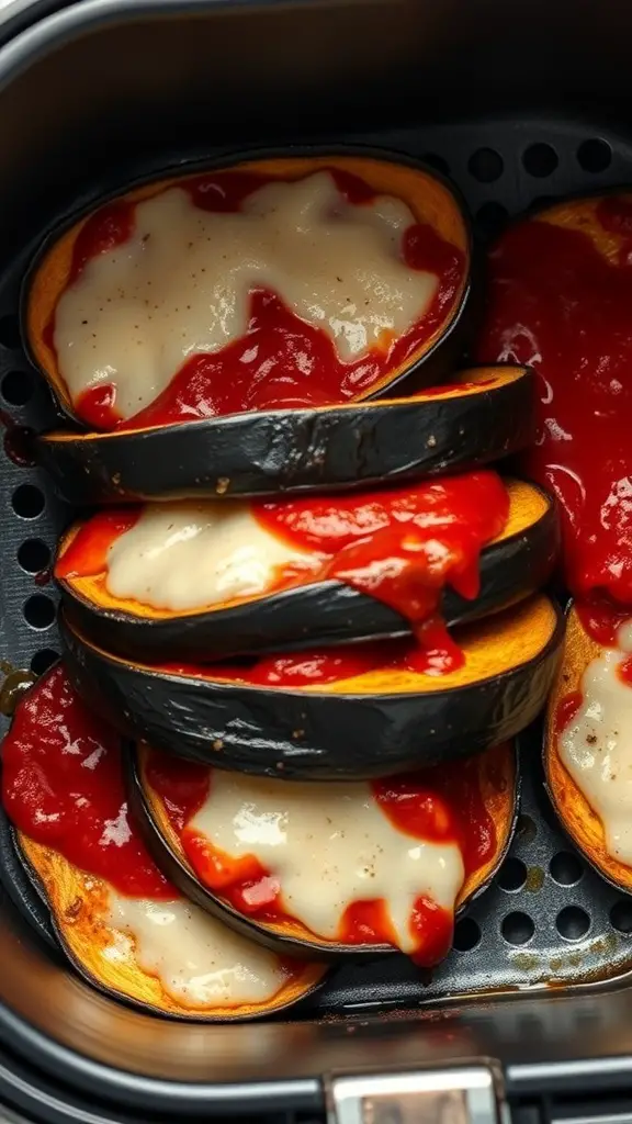 Air fryer eggplant parmesan with layers of eggplant, marinara sauce, and melted cheese.