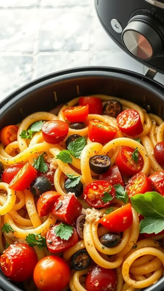 A bowl of air fryer pasta primavera with cherry tomatoes, olives, and herbs