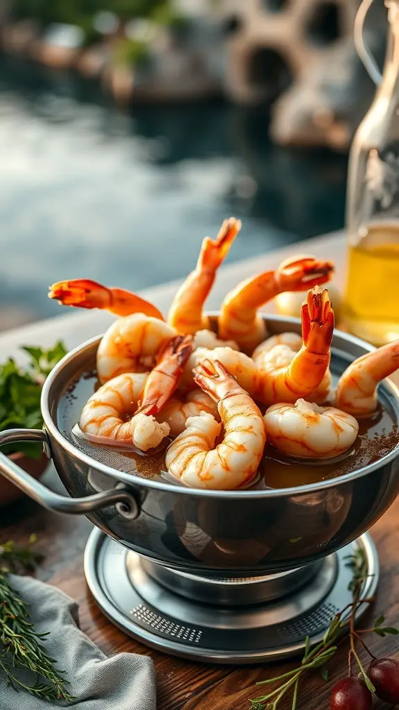 A pot of Mediterranean seafood fondue with shrimp ready to be cooked in hot oil.