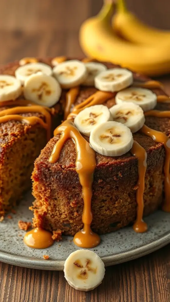 A delicious peanut butter and banana cake topped with banana slices and peanut butter drizzle.