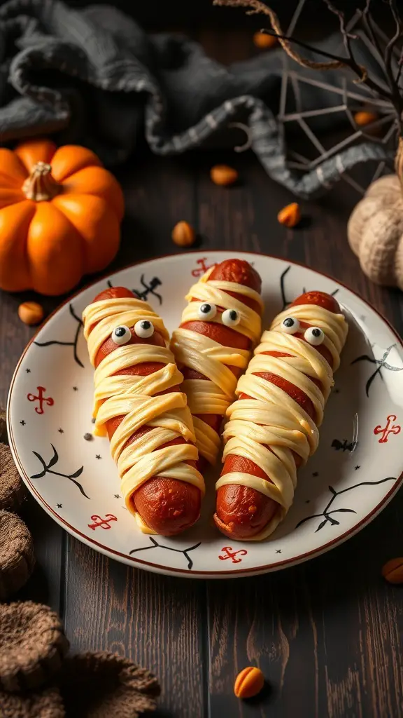 Three mummy hot dogs wrapped in dough with candy eyes on a decorative plate, surrounded by a pumpkin and autumn-themed decor.
