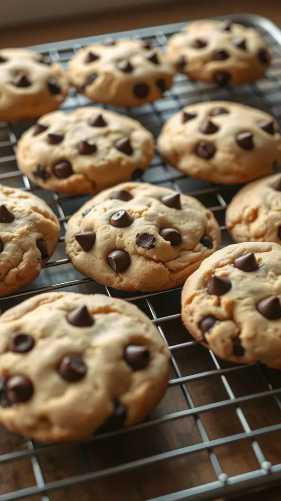 Freshly baked chocolate chip cookies cooling on a wire rack
