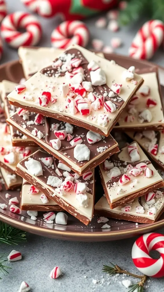 A plate of peppermint bark with dark chocolate, layered with white chocolate and topped with crushed peppermint candies.