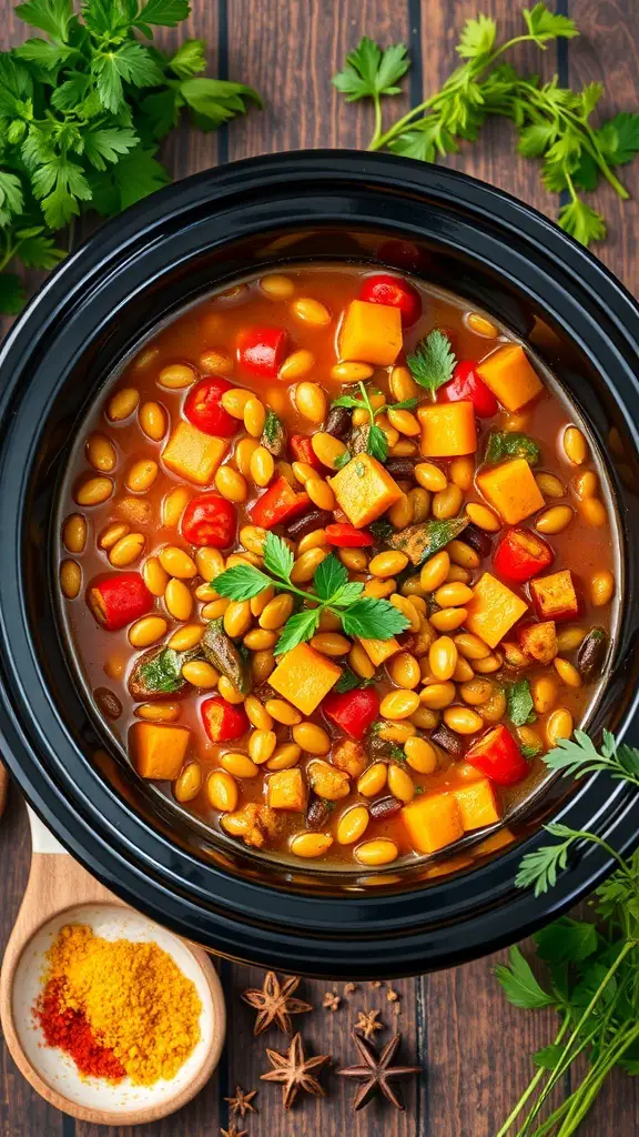 A bowl of lentil and vegetable curry in a crockpot, surrounded by fresh herbs and spices.