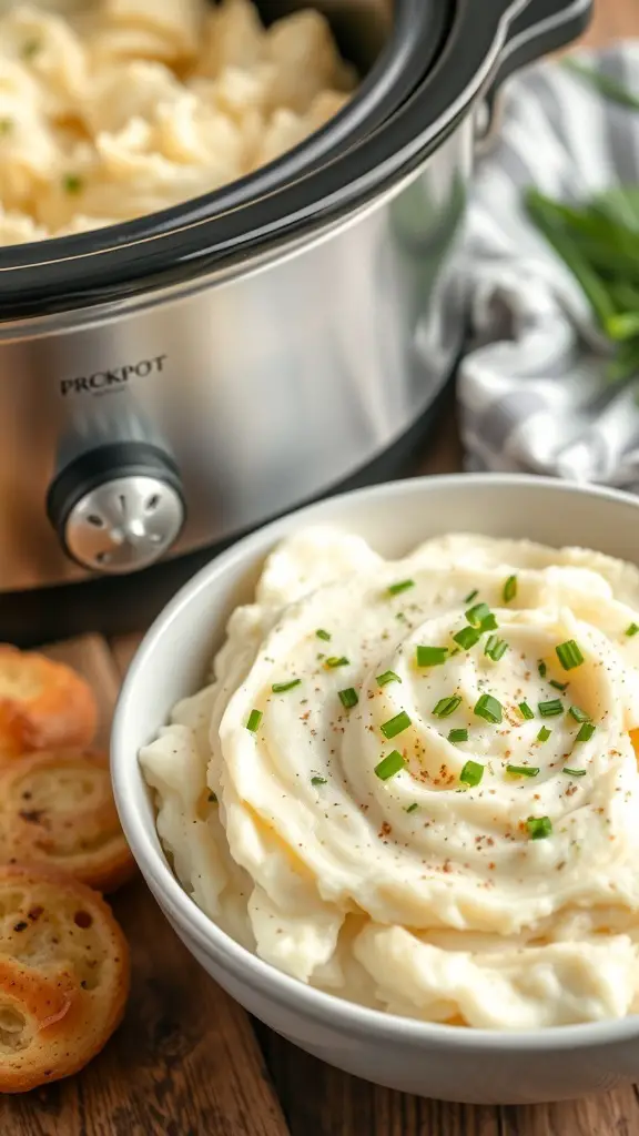 A bowl of creamy garlic herb mashed potatoes topped with chives, next to a crockpot.