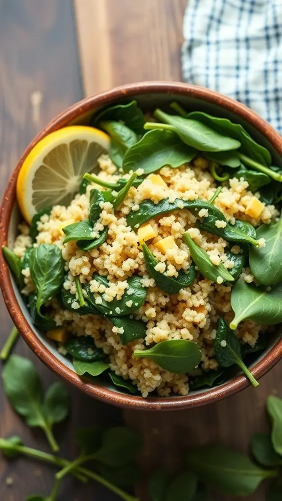Bowl of Lemon Herb Quinoa with Spinach topped with a lemon slice