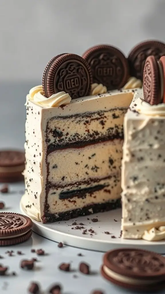 A delicious Oreo Ice Cream Cake with layers of chocolate cake and ice cream, topped with Oreo cookies.