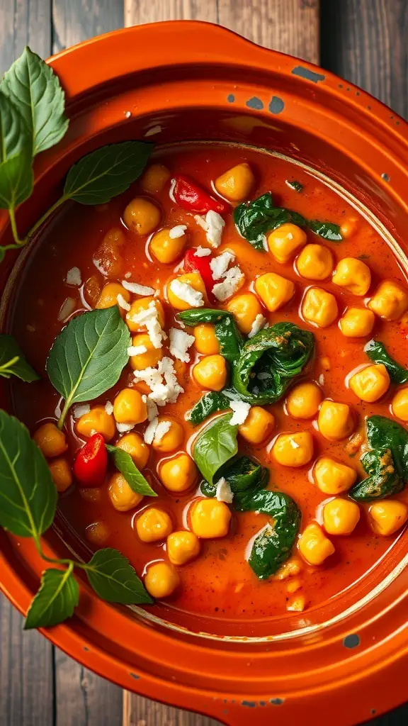 A vibrant orange crockpot filled with coconut curry chickpeas and spinach, showcasing bright yellow chickpeas and deep green spinach.