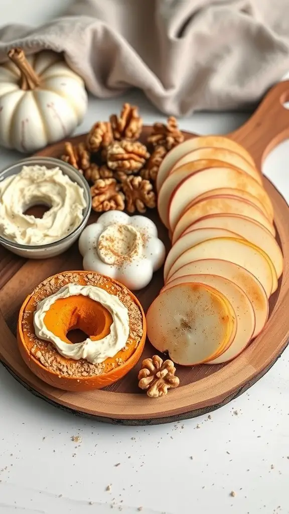 A fall-themed bagel charcuterie board with pumpkin, apples, walnuts, and cream cheese.