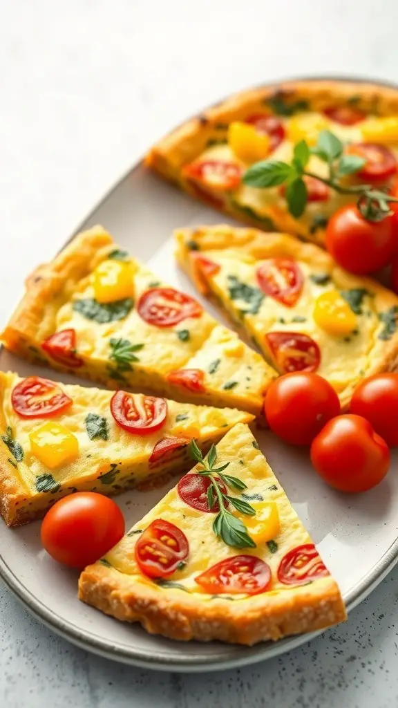 Savory frittata slices topped with cherry tomatoes and herbs on a plate