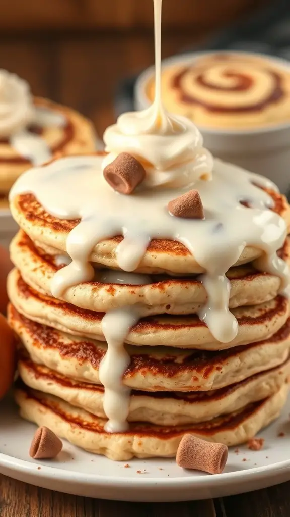 A stack of cinnamon roll pancakes topped with cream cheese glaze and chocolate pieces.