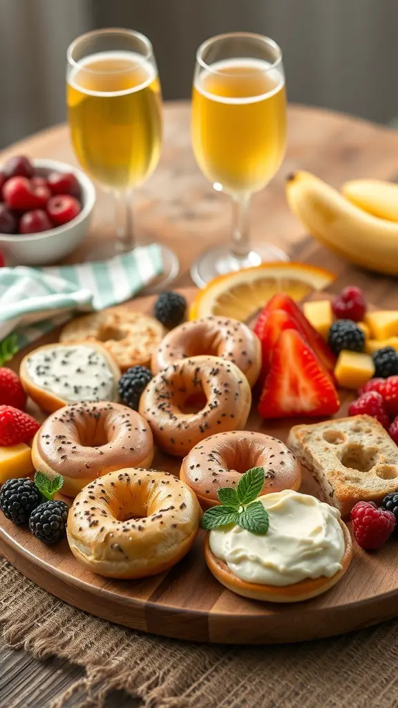 A brunch bagel board featuring various bagels, fresh fruits, and drinks.