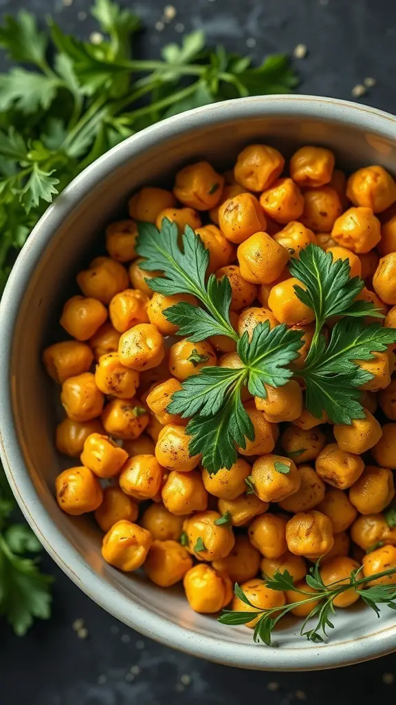 A bowl of roasted chickpeas garnished with fresh herbs.