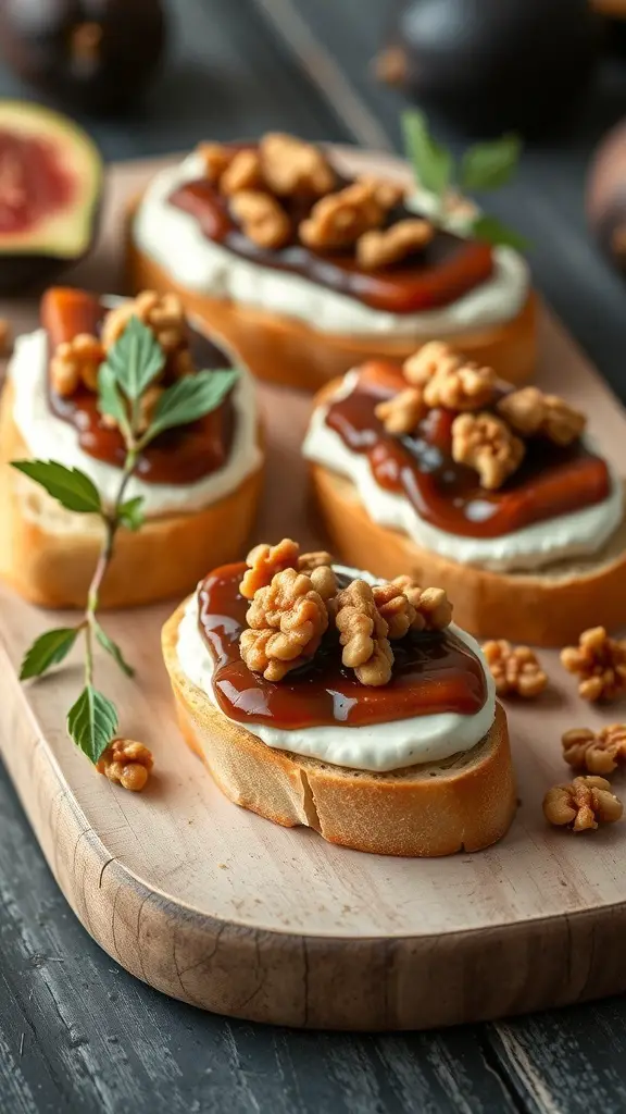 Crostini topped with goat cheese, fig spread, and walnuts on a wooden board