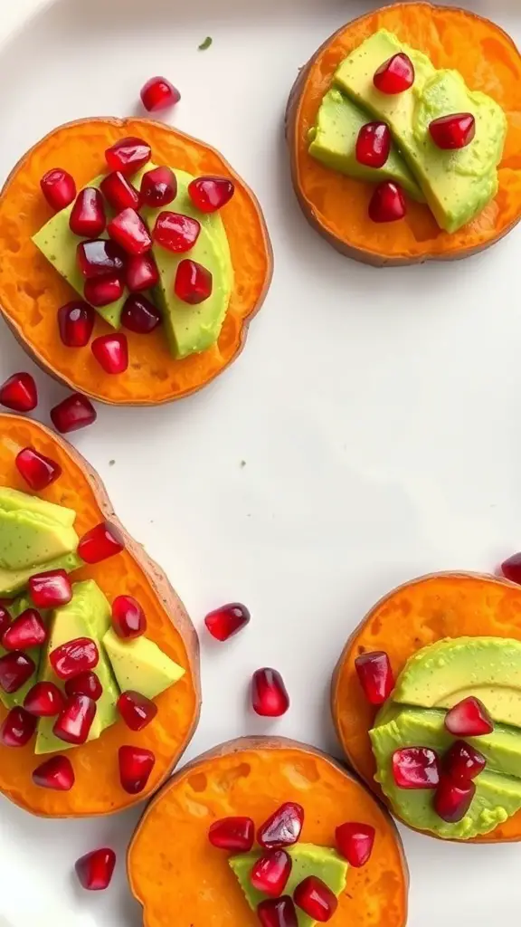 Sweet potato rounds topped with avocado and pomegranate seeds