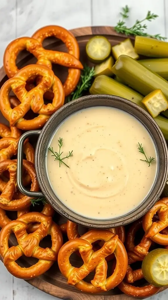 Tangy mustard dill sauce served with pretzels and pickles
