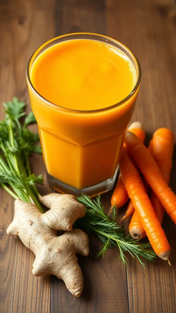 A glass of bright orange smoothie made with carrots and ginger, surrounded by fresh carrots and ginger root.