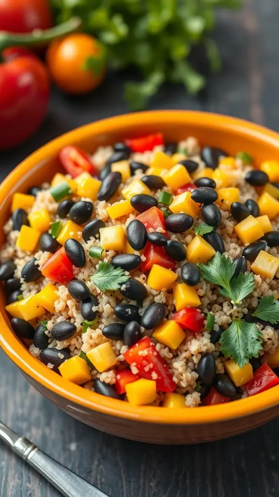A bowl of colorful quinoa salad with black beans, mango, and red bell peppers.