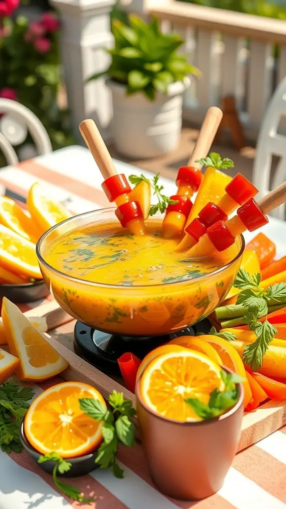 A bowl of zesty citrus and herb oil fondue with skewers of colorful vegetables and fruits, surrounded by fresh oranges and herbs.