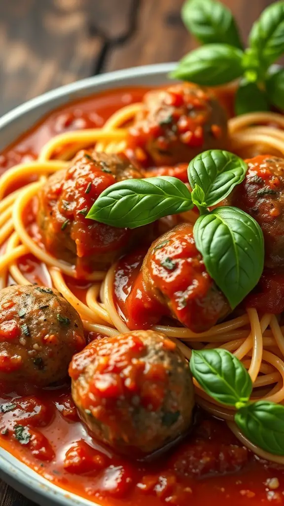 A plate of spaghetti topped with meatballs and marinara sauce, garnished with fresh basil.