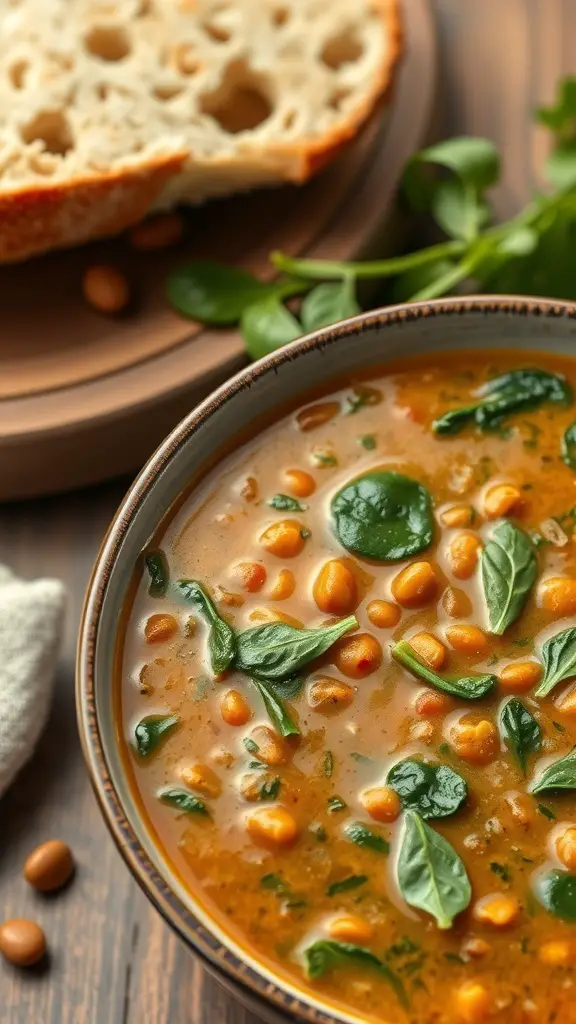 A bowl of spiced lentil soup with spinach, accompanied by a slice of bread on a wooden table.