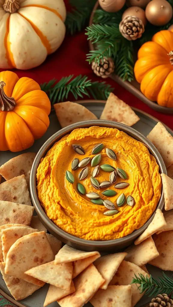 A bowl of pumpkin hummus surrounded by pita chips and decorated with pumpkin seeds, set against a festive backdrop with pumpkins and holiday decor.