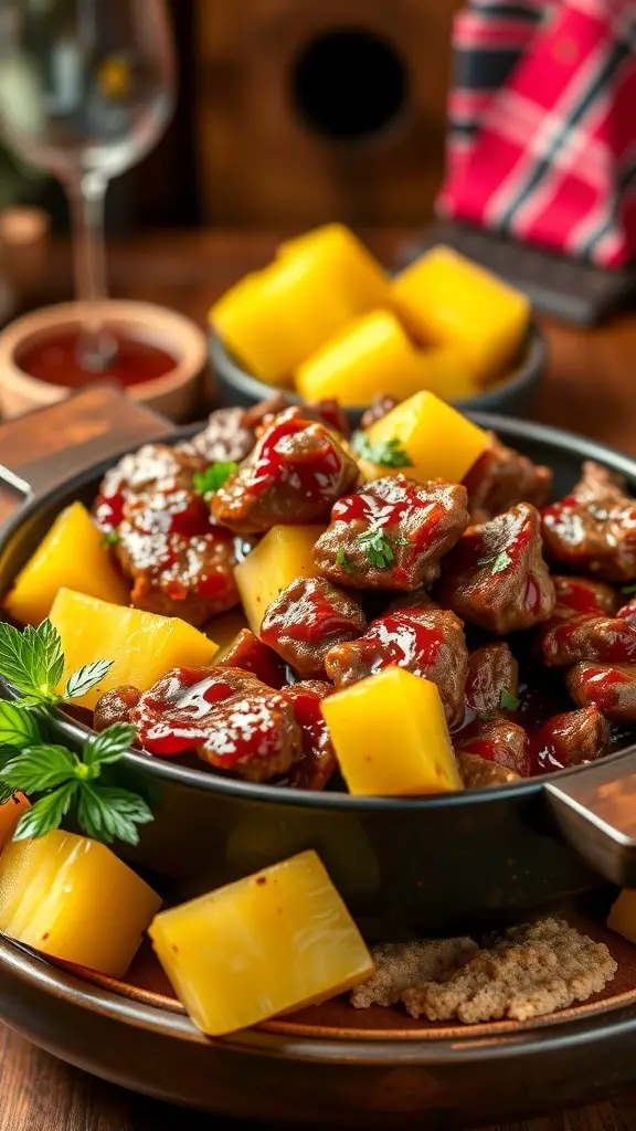 A delicious serving of Teriyaki Beef Fondue with pineapple chunks, garnished with parsley and sesame seeds.