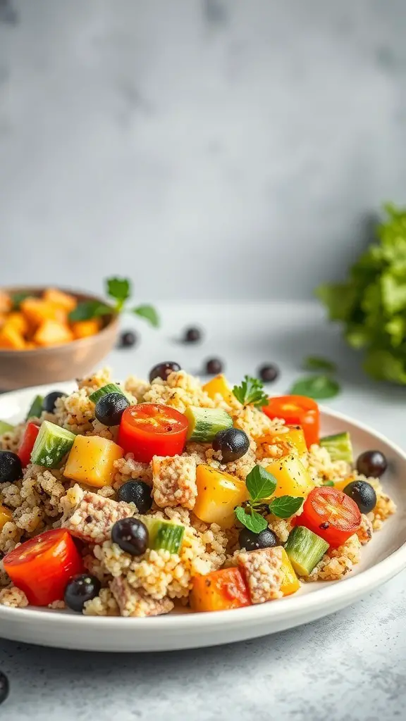 A plate of quinoa and roasted vegetable salad with colorful ingredients.