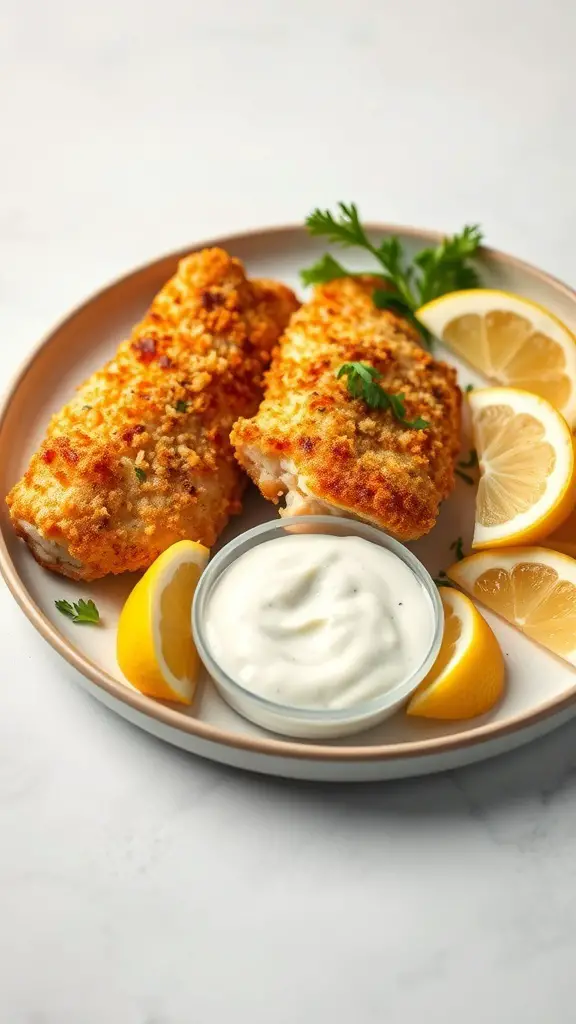 Crispy air fryer fish tenders served with lemon wedges and dipping sauce