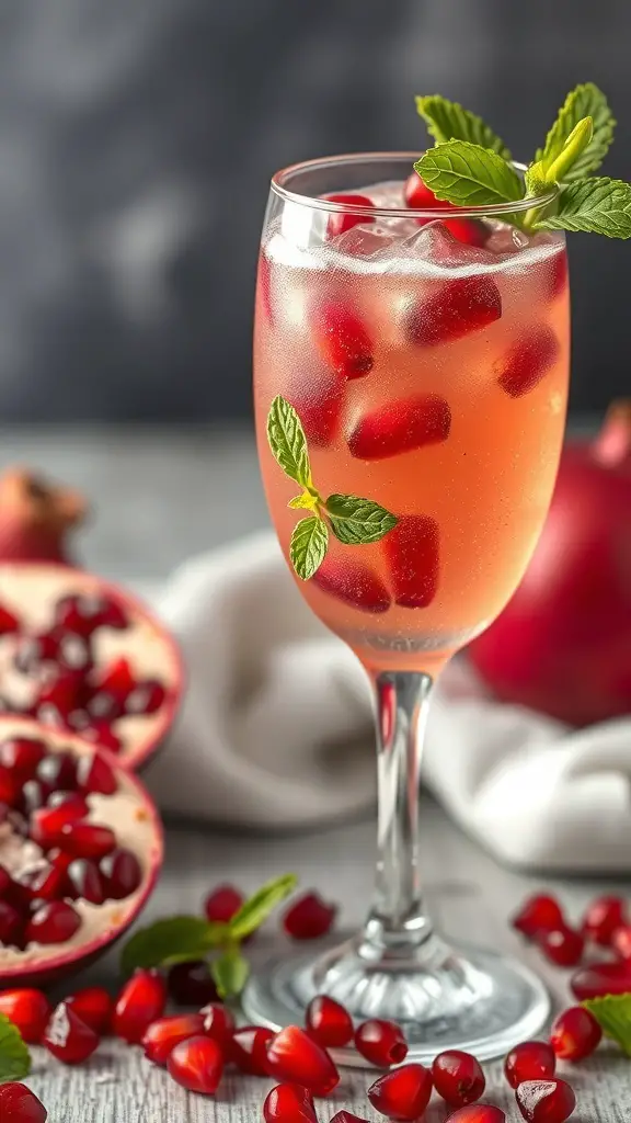 A refreshing Sparkling Pomegranate Cooler in a glass, garnished with mint leaves and surrounded by pomegranate seeds.