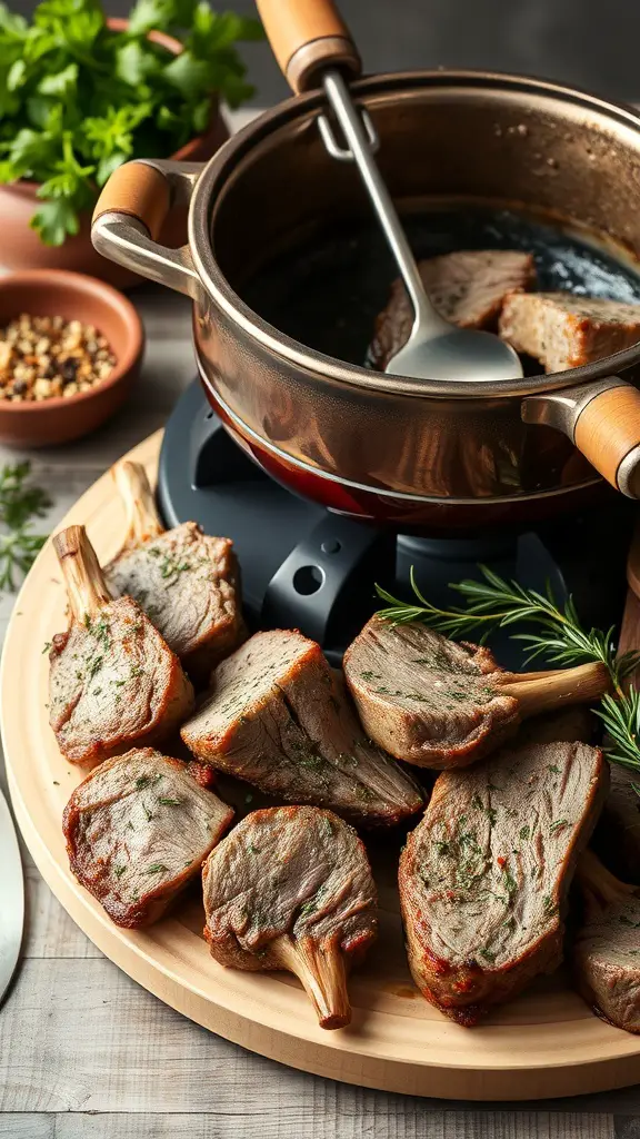 A platter of herb-crusted lamb chunks next to a fondue pot.