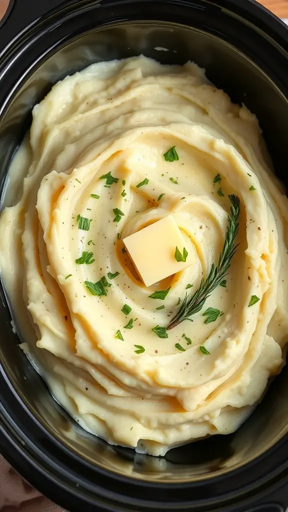 A bowl of creamy garlic mashed potatoes topped with butter and herbs