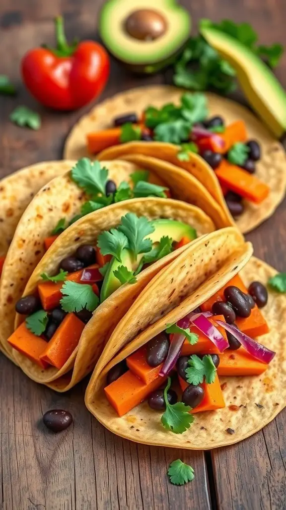 Colorful sweet potato and black bean tacos on a wooden table