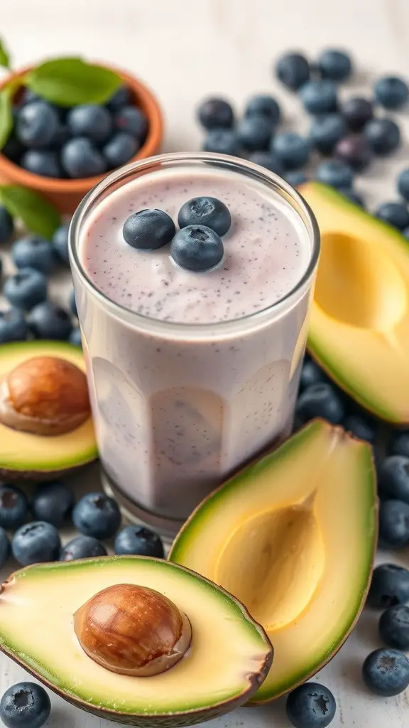 A glass of Avocado Blueberry Smoothie surrounded by fresh blueberries and avocado halves