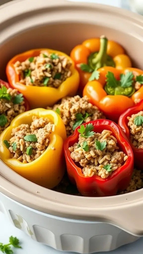 Colorful stuffed peppers in a slow cooker, filled with a savory mixture.