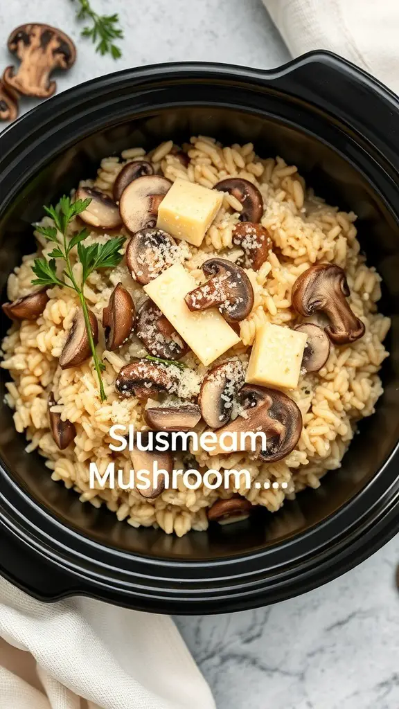 A bowl of creamy mushroom risotto with mushrooms and cheese on top.