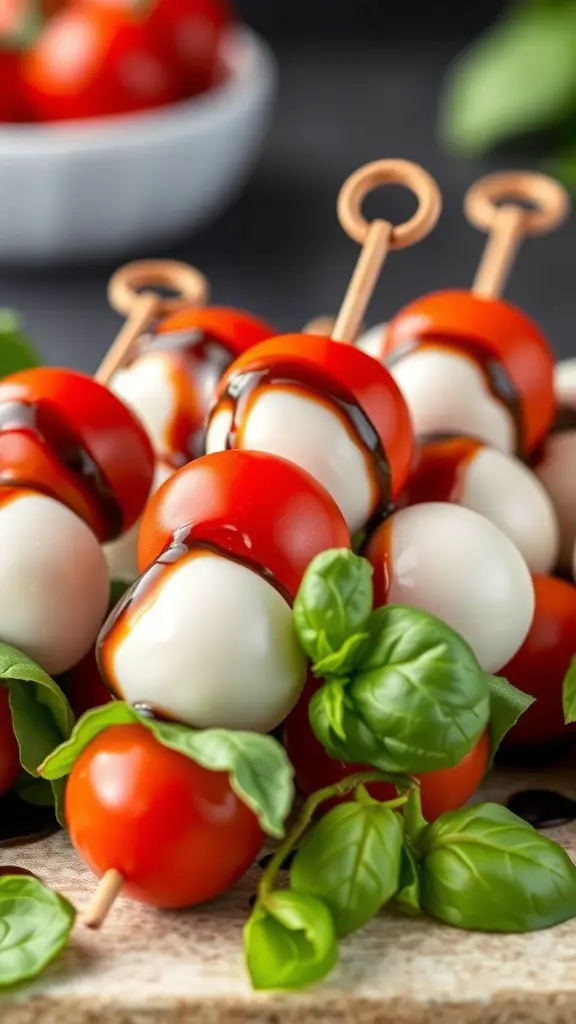 Caprese skewers with cherry tomatoes, mozzarella balls, and basil drizzled with balsamic glaze.