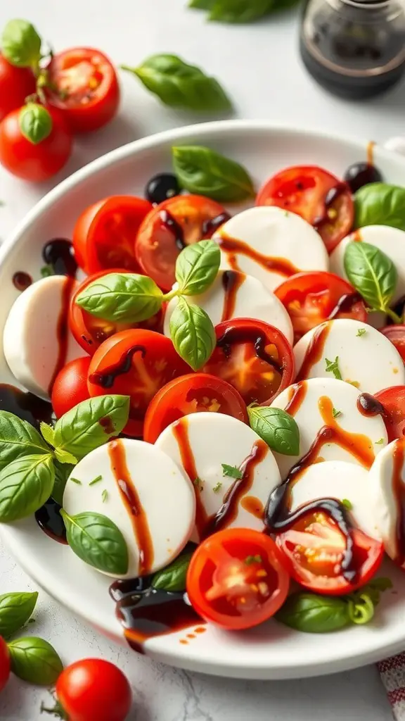 A vibrant Caprese salad featuring fresh mozzarella, tomatoes, and basil drizzled with balsamic glaze.