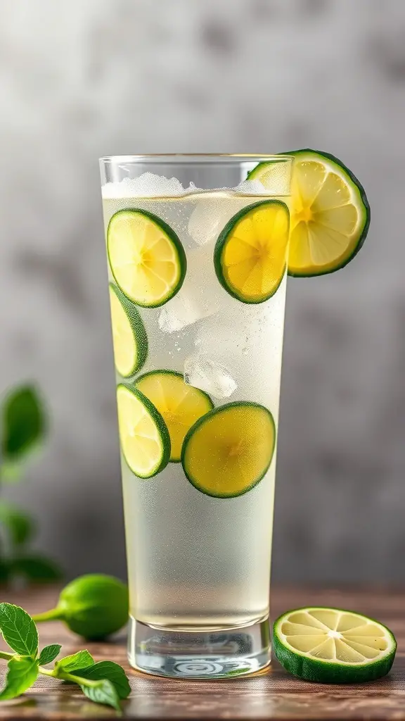 A refreshing cucumber lime fizz drink in a tall glass with ice and slices of cucumber and lime.