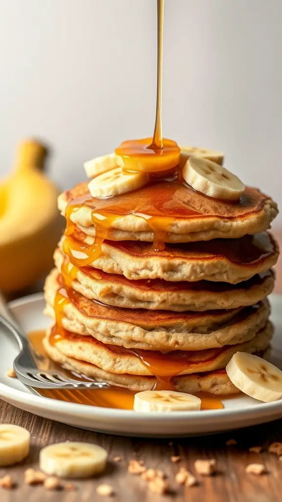 A stack of banana oatmeal pancakes topped with banana slices and syrup.