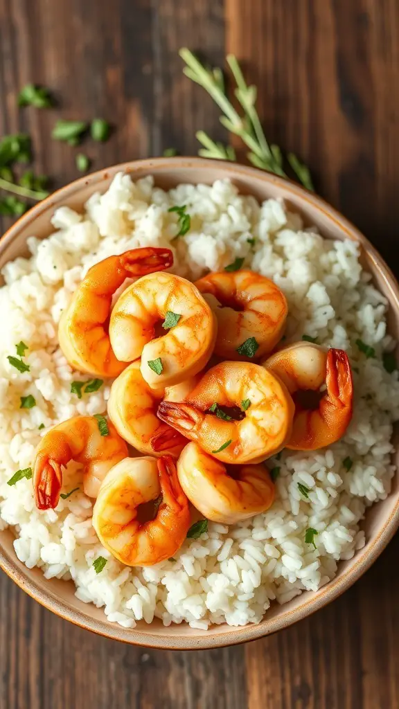 A bowl of fluffy white rice topped with juicy shrimp in garlic butter sauce.