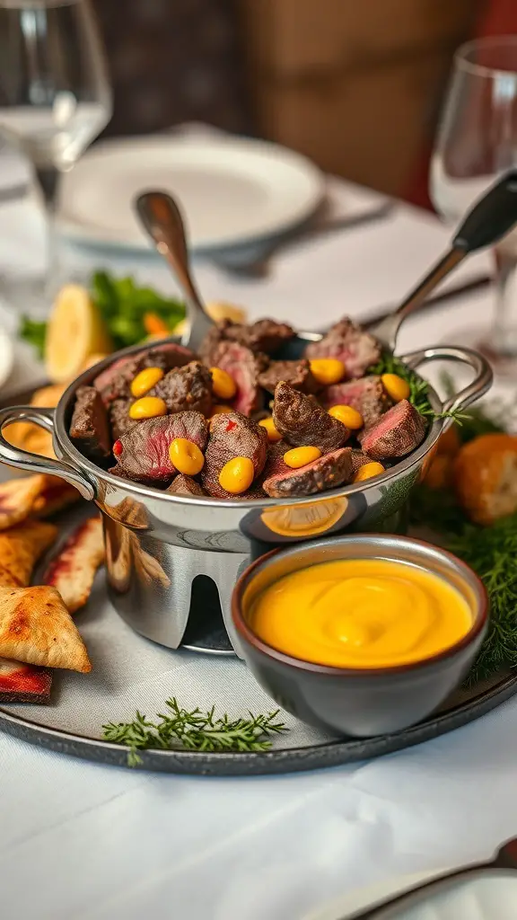 A bowl of peppercorn steak fondue with mustard dip, surrounded by dipping items.