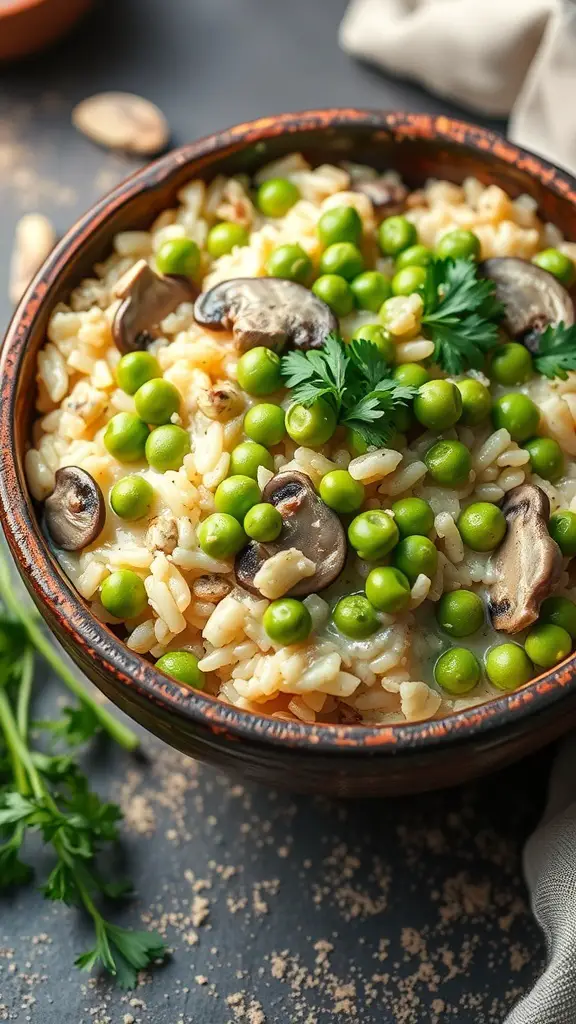 A bowl of mushroom risotto topped with green peas and fresh herbs.