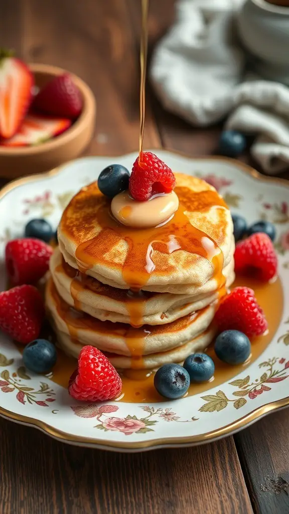 A plate of mini pancake stacks topped with syrup and fresh berries.