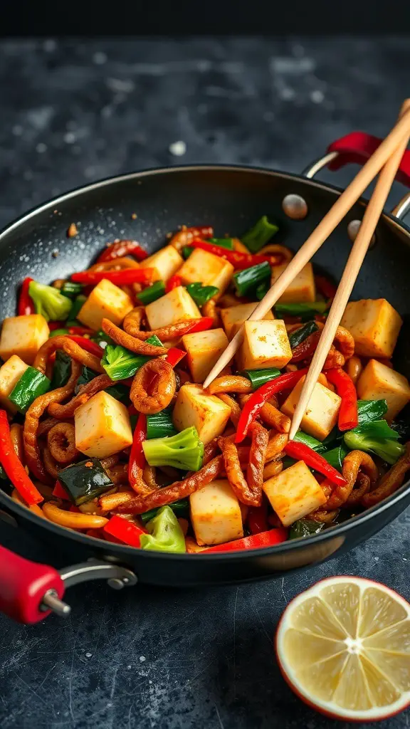 A colorful vegetable stir-fry with tofu in a pan, featuring red bell peppers, green vegetables, and a slice of lemon on the side.