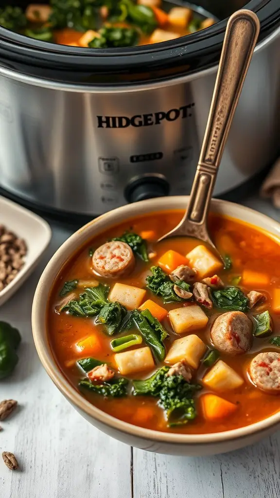 A bowl of spicy sausage and kale soup with colorful vegetables and a spoon.